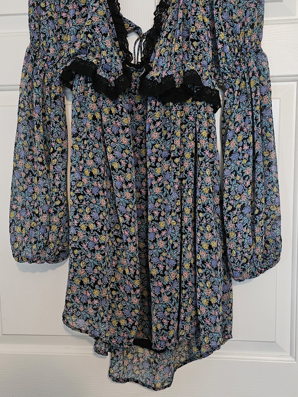Free People Black Mini Dress with Pastel Floral Print